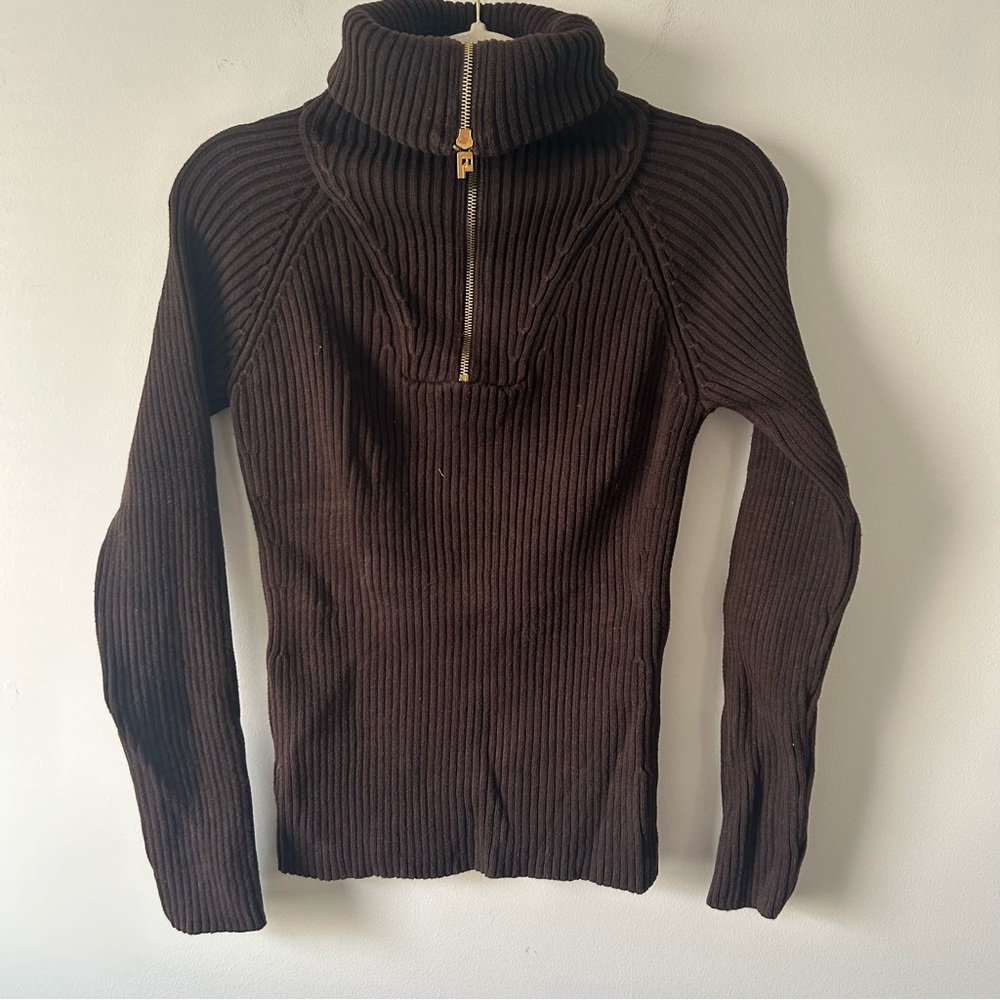 Vintage Lauren Ralph Lauren ribbed quarter zip chocolate brown pullover M - Picture 2 of 6